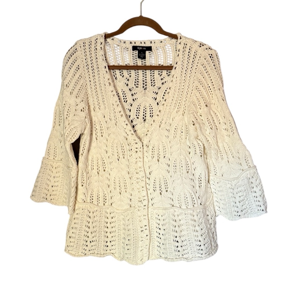 XL Chunky Open Knit White Cream Peplum Cardigan Sweater Casual Cozy Warm Preppy